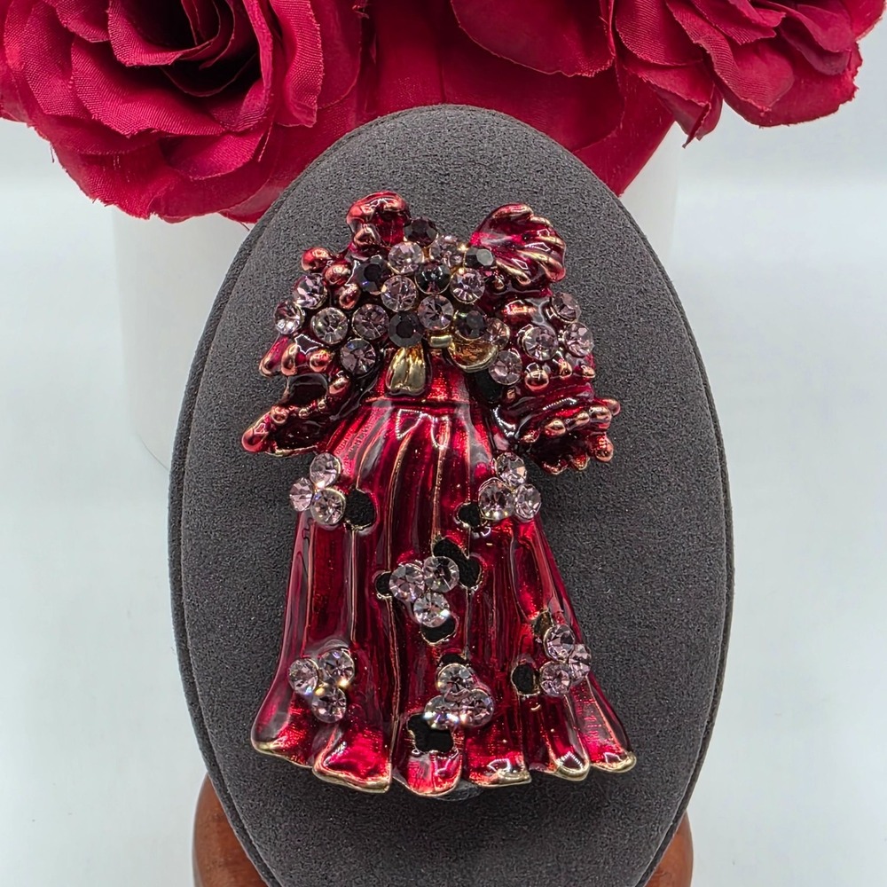 Enameled Crystal Rhinestone Dress Brooch‎ Red Gold Tone Vintage Women's Jewelry